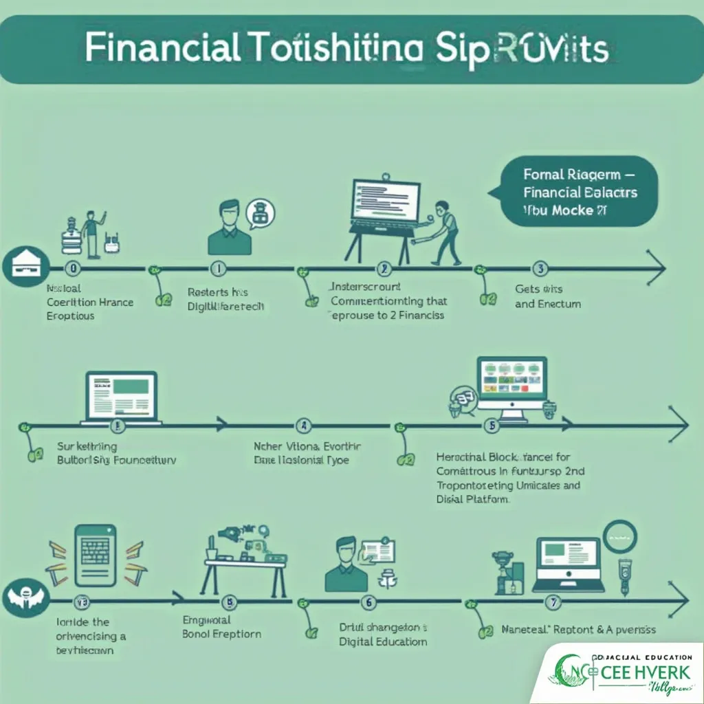 Ilustración de línea de tiempo mostrando el crecimiento de la institución financiera