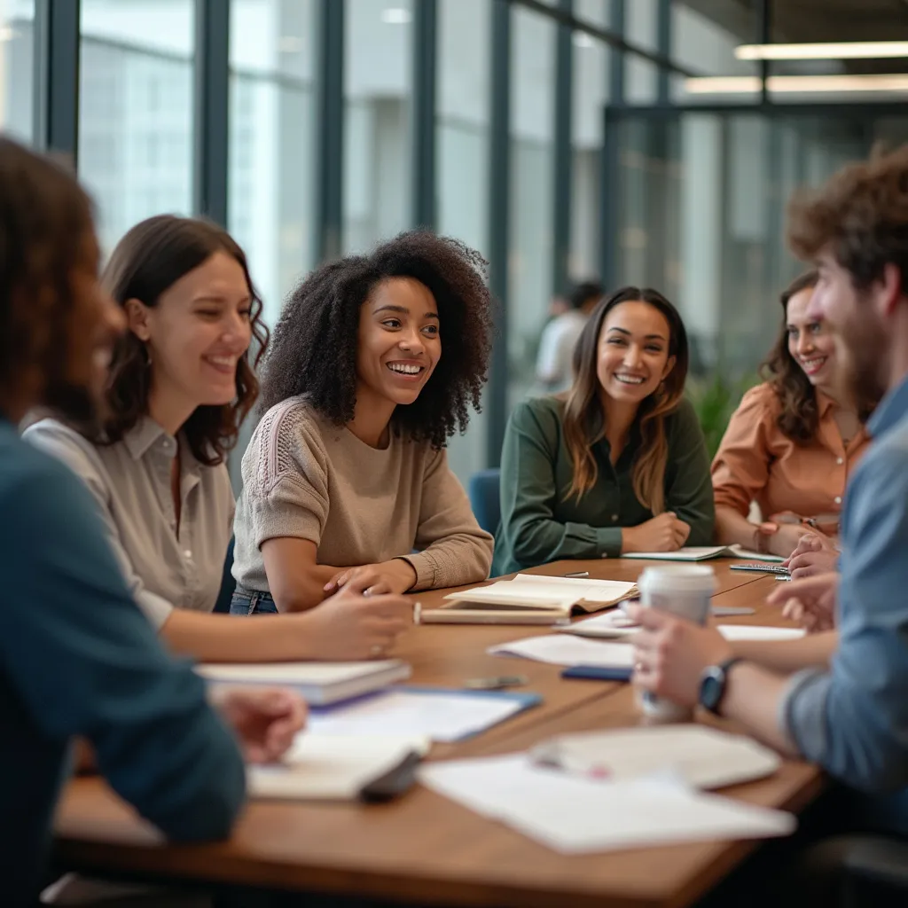 Equipo de educadores financieros discutiendo estrategias