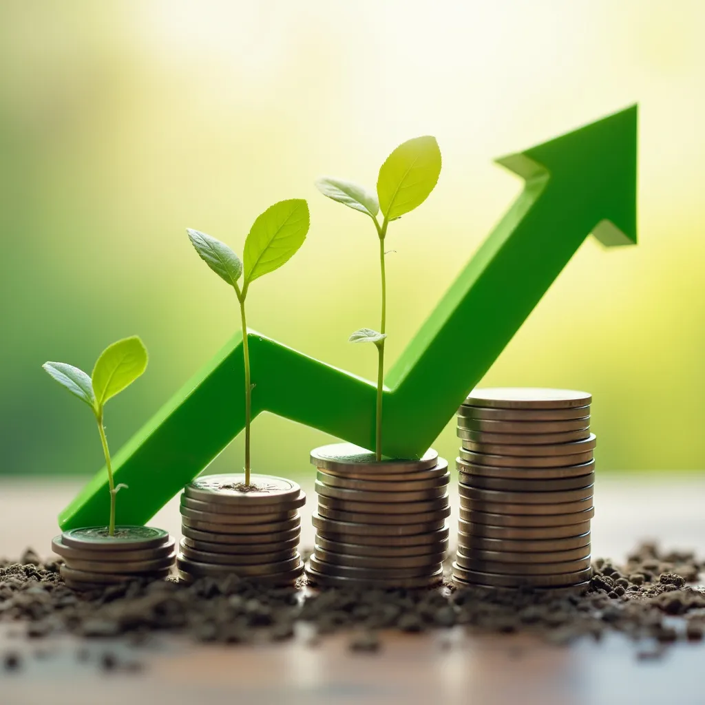 Gráfico de crecimiento verde con monedas y plantas